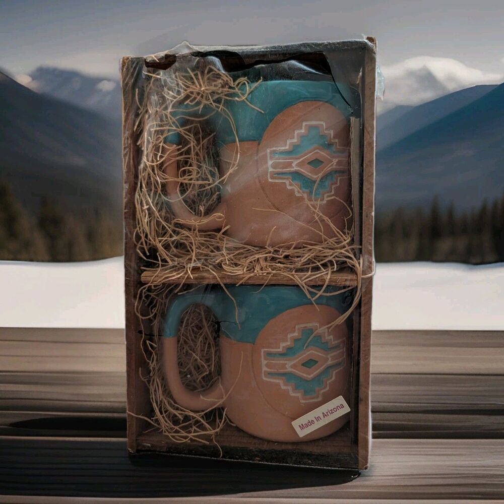 Vintage Made in Arizona Southwestern Terra Cotta Mug Set 2 Pc Teal Glazed Crate